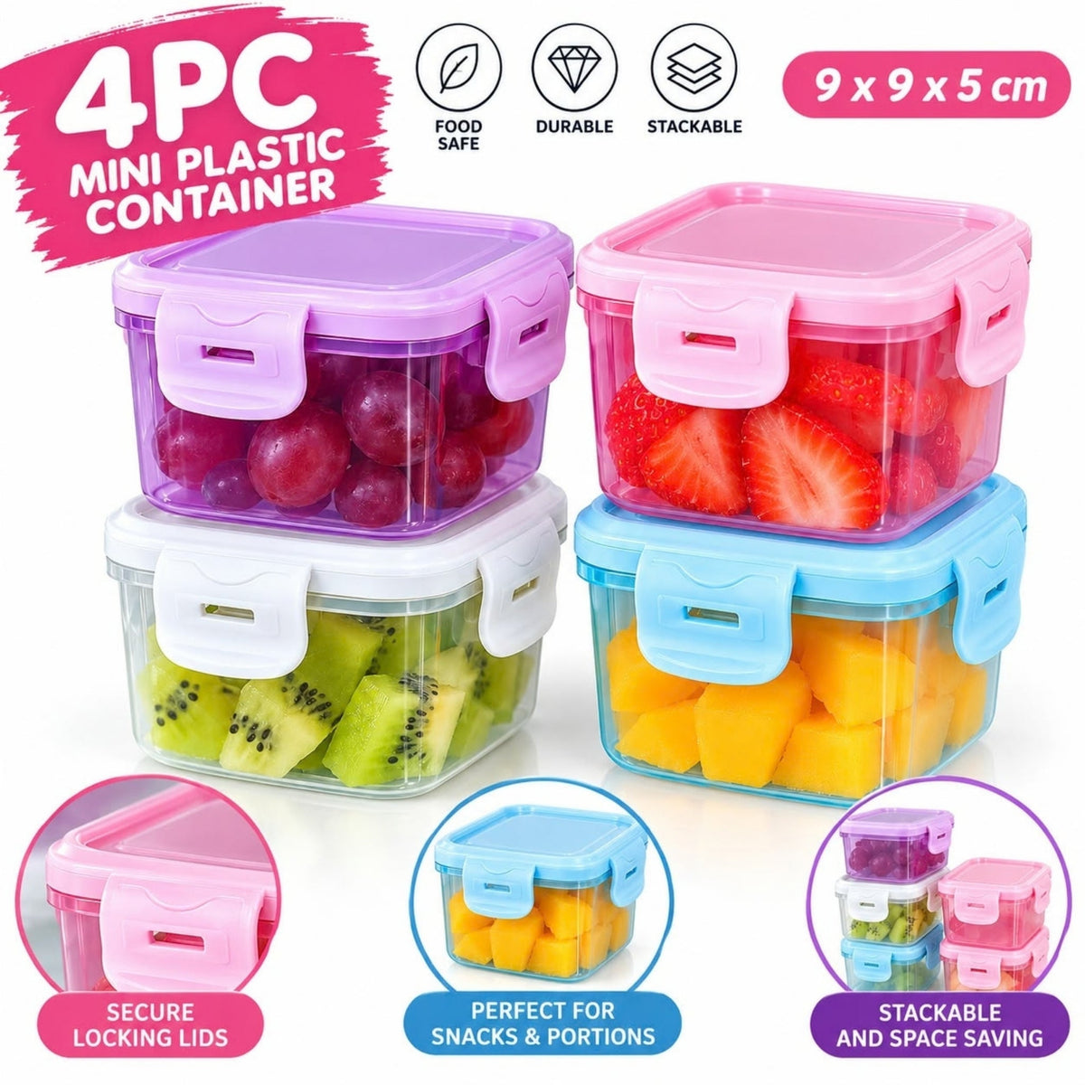 4 Piece Mini Square Plastic Containers – Clip-Lock Lids for Food Storage – Compact Stackable Design