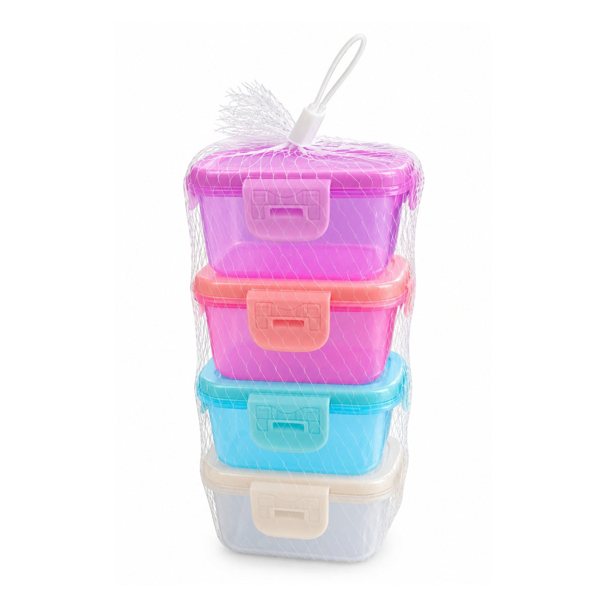 4 Piece Mini Square Plastic Containers – Clip-Lock Lids for Food Storage – Compact Stackable Design