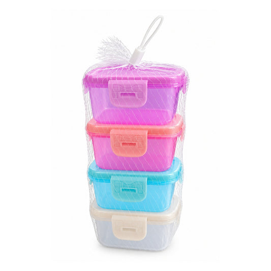4 Piece Mini Square Plastic Containers – Clip-Lock Lids for Food Storage – Compact Stackable Design
