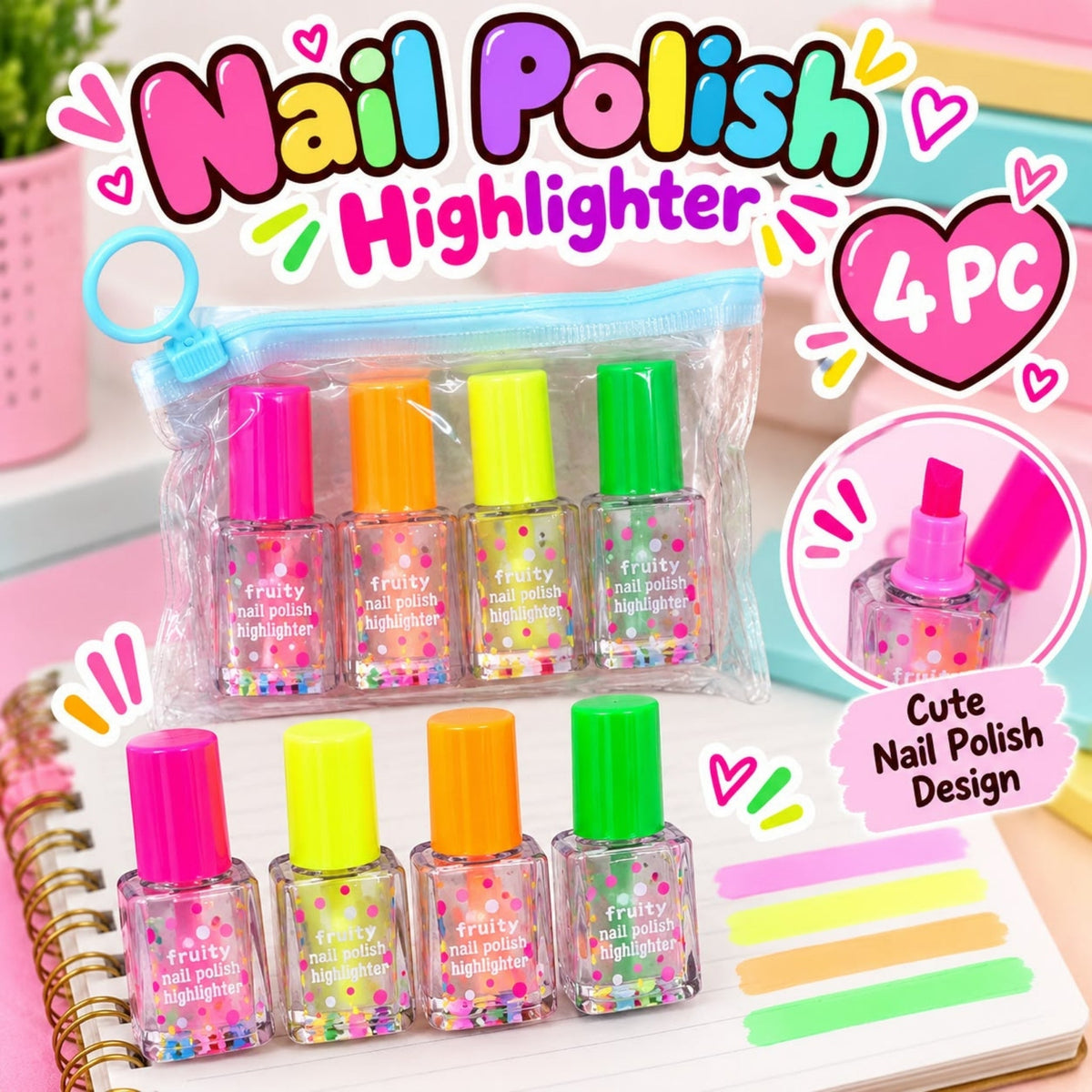 4 Piece Nail Polish Highlighter Set – Bright Fluorescent Marker Pens – Nail Polish Bottle Design