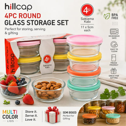 4 Piece Round Glass Storage Set – Microwave-Safe Food Containers with Multicolour Lids