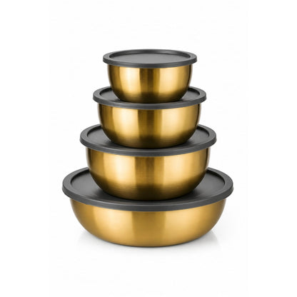 4-Piece Round Stainless Steel Mixing Bowl Set with Airtight Grey Lids – Nesting Food Storage Bowls - Gold
