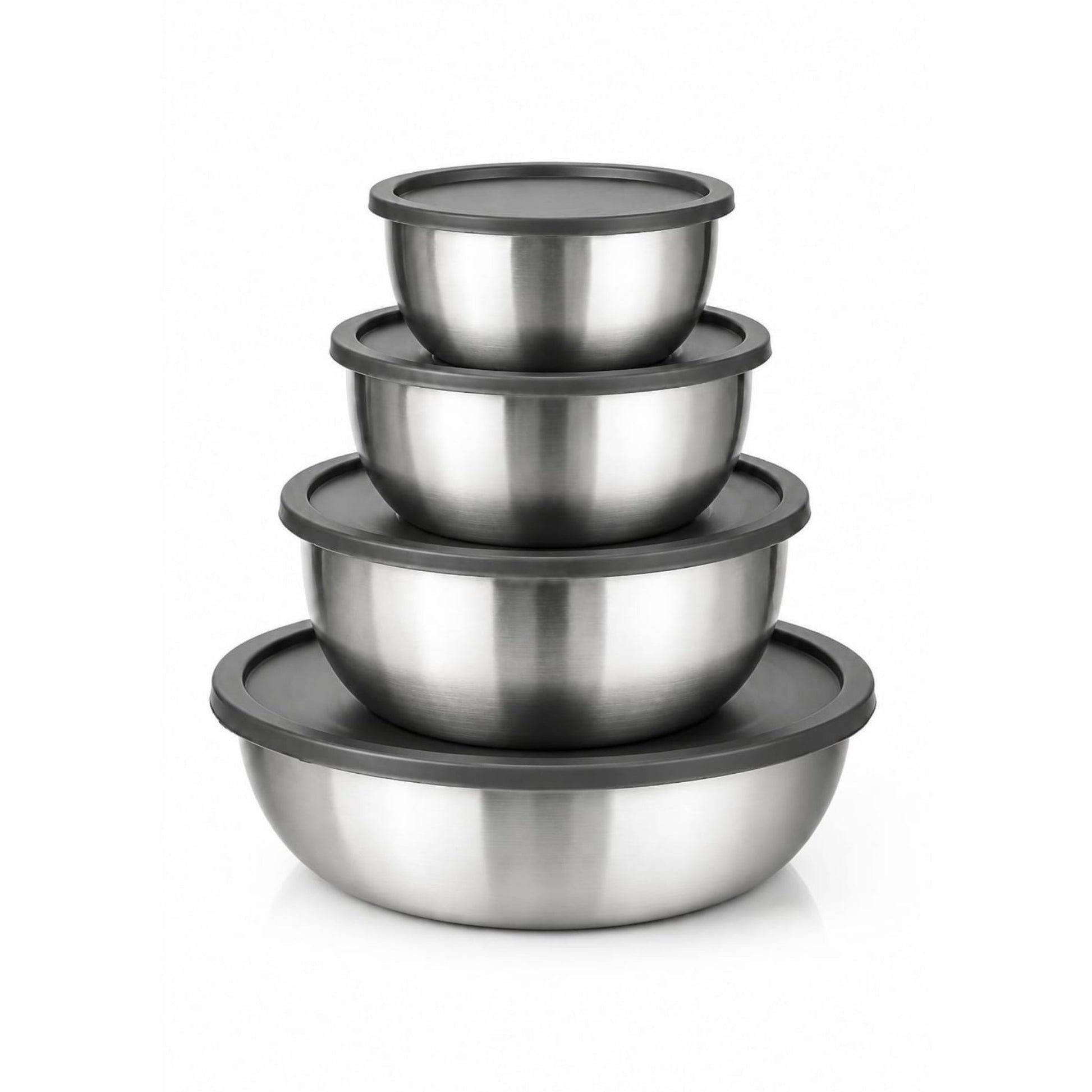 4-Piece Round Stainless Steel Mixing Bowl Set with Airtight Grey Lids – Nesting Food Storage Bowls - Silver