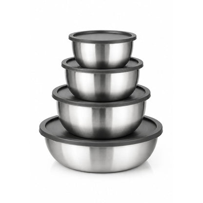4-Piece Round Stainless Steel Mixing Bowl Set with Airtight Grey Lids – Nesting Food Storage Bowls - Silver