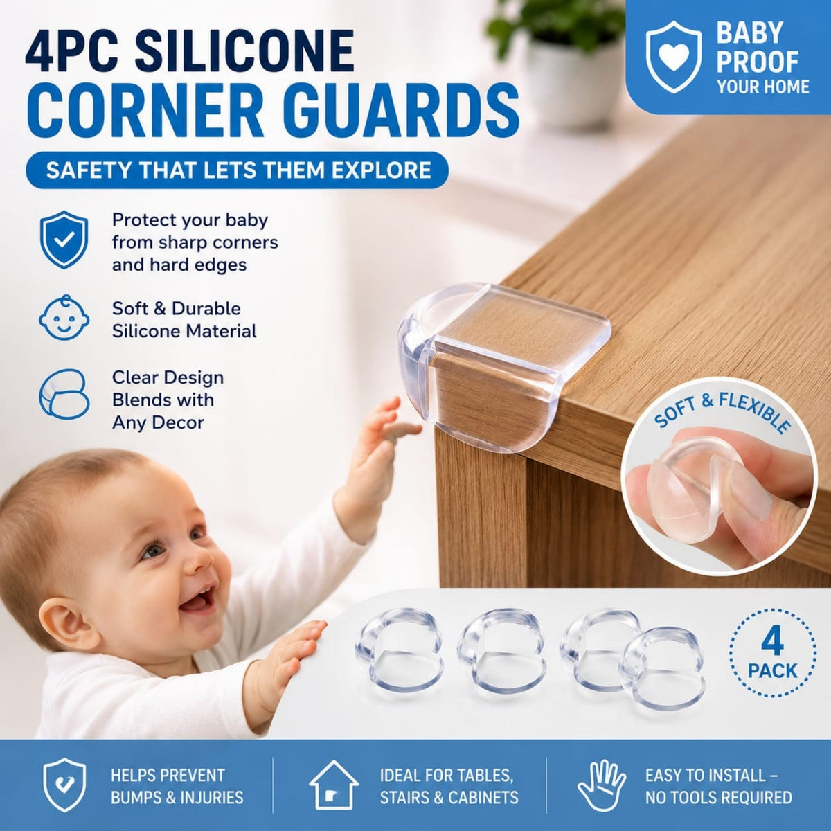 4 Piece Silicone Corner Guard Set – Soft Furniture Edge Protectors – Child Safety Design