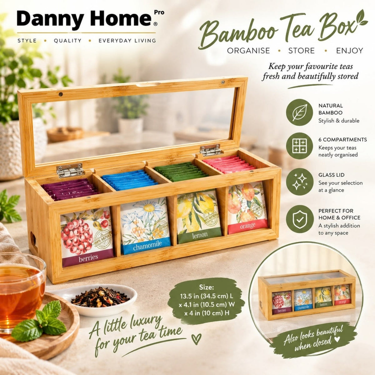 4 Slot Danny Home Bamboo Tea Box – 4 Compartment Tea Bag Storage Organizer