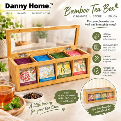 4 Slot Danny Home Bamboo Tea Box – 4 Compartment Tea Bag Storage Organizer