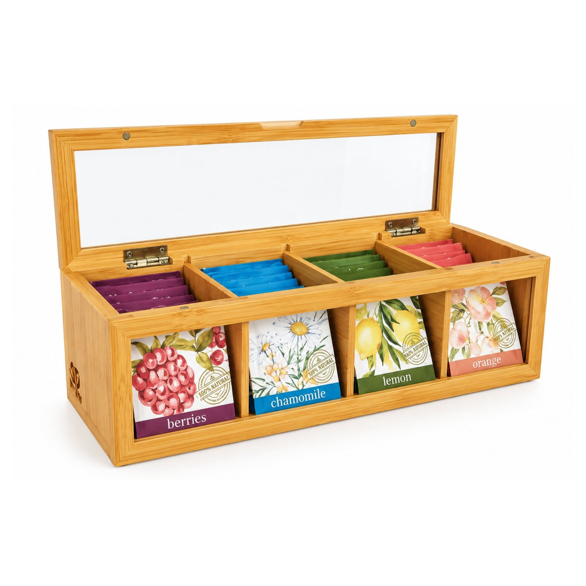 4 Slot Danny Home Bamboo Tea Box – 4 Compartment Tea Bag Storage Organizer
