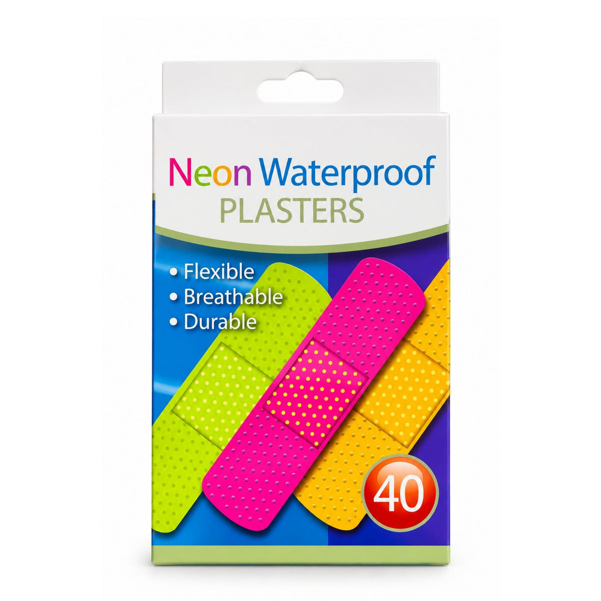 40 Piece Neon Plasters – Adhesive First Aid Bandages – Bright Colour Designs