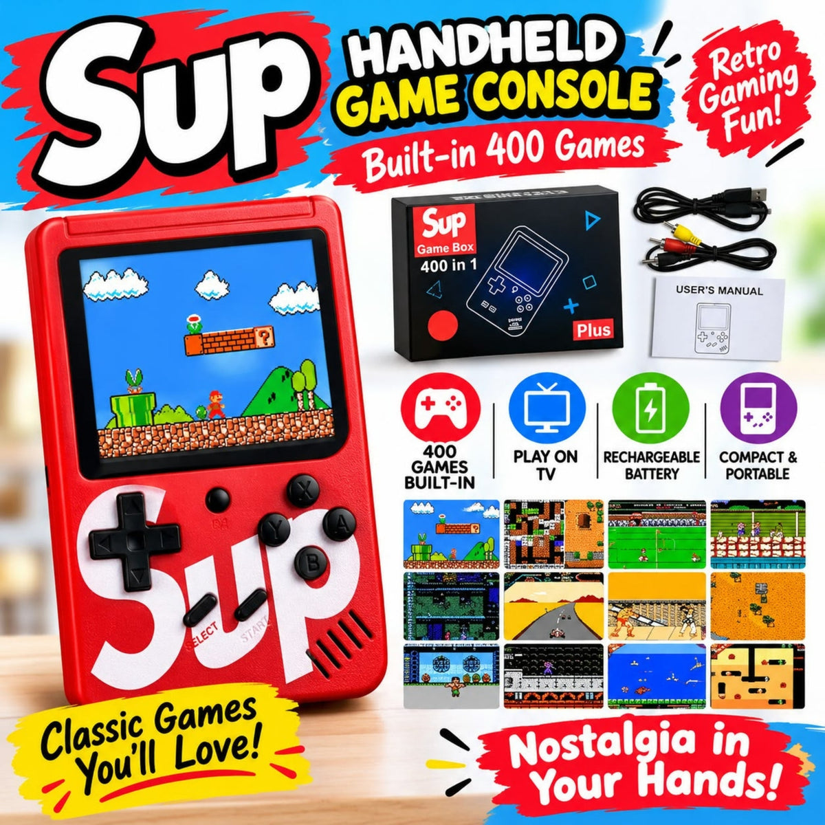 400-in-1 SUP Game Box Handheld Game Console – Built-In Retro Games with Portable Screen – Classic Gaming Edition
