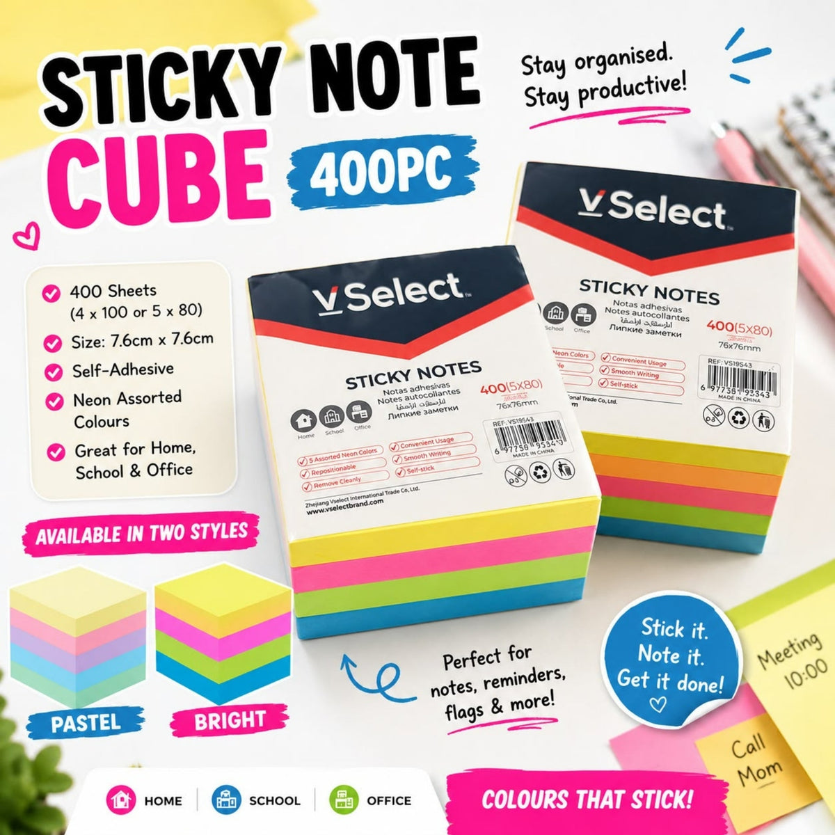 400 Piece 7.6cm Sticky Note Cube – Self-Adhesive Memo Notes for Reminders, Lists & Office Use