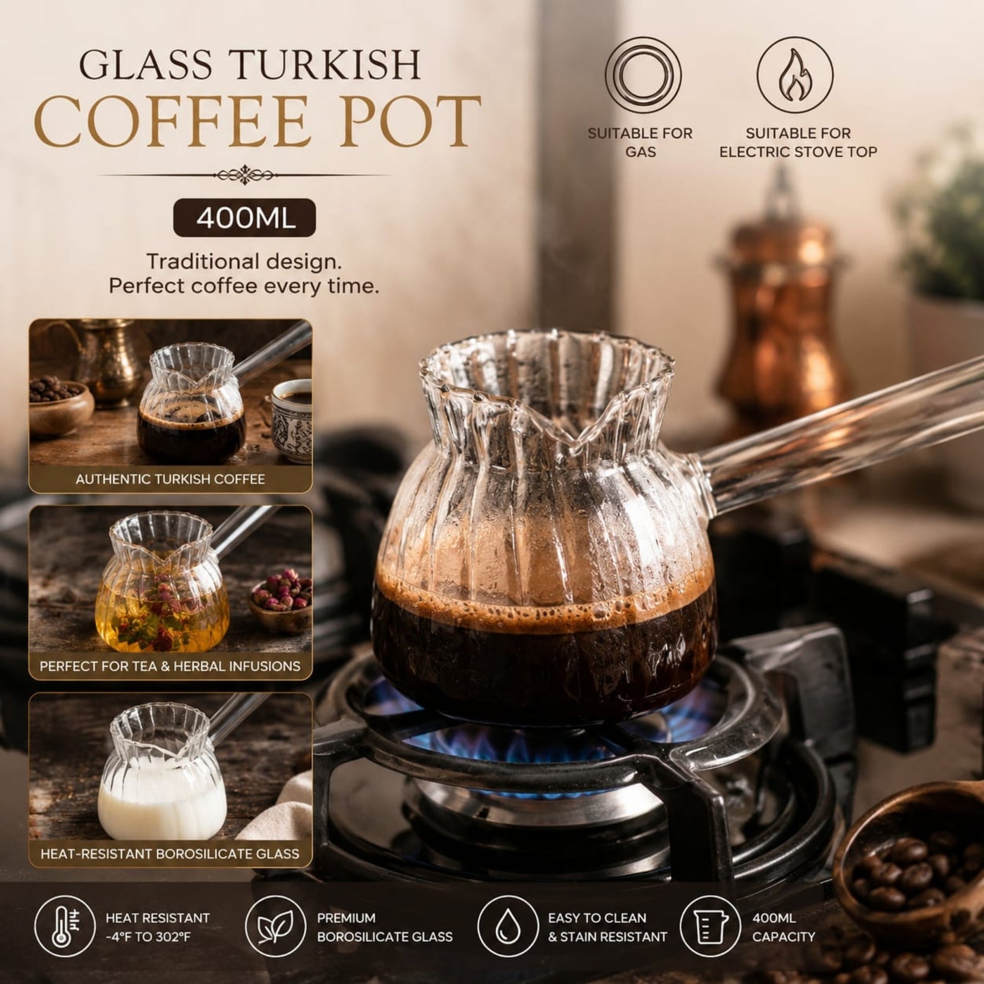 400ml Borosilicate Glass Turkish Coffee Pot – Heat-Resistant Coffee Brewing Pot