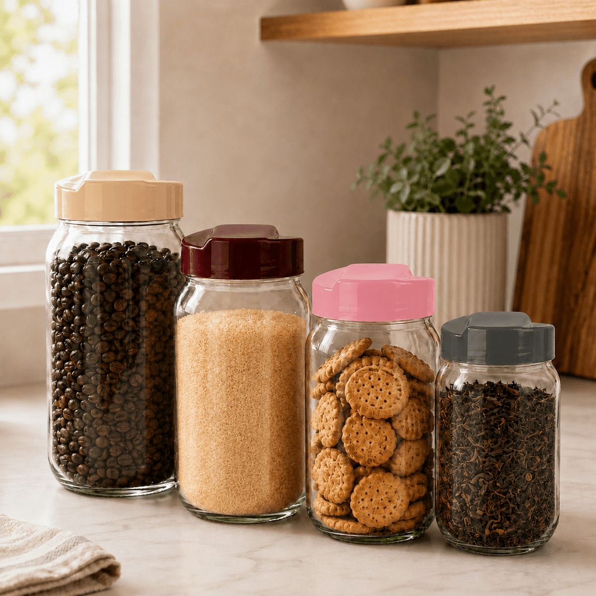 4pc Bager Glass Aqua Jar Set – Multi-Size Storage Jars with Aqua Design Lids – 300ml, 425ml, 660ml &amp; 1000ml