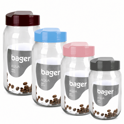 4pc Bager Glass Aqua Jar Set – Multi-Size Storage Jars with Aqua Design Lids – 300ml, 425ml, 660ml &amp; 1000ml