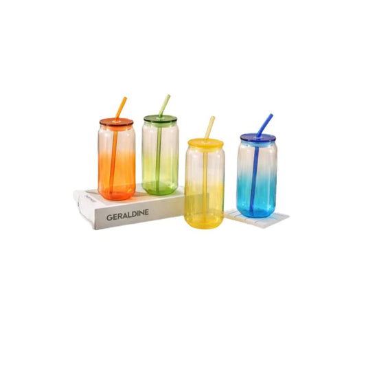 4pc Colourful Glass Can With Lid And Straw 500ml