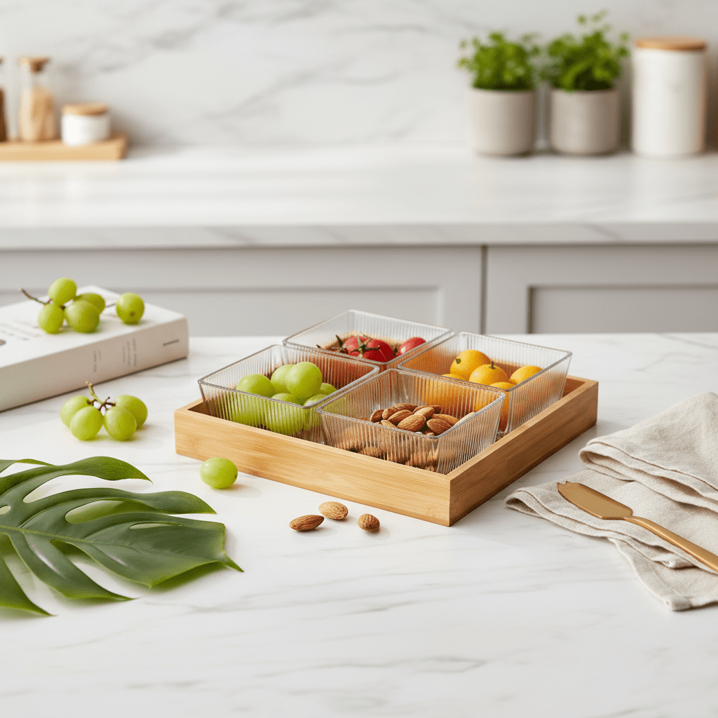 4pc Glass Snack Bowls With Lid On Wooden Tray - 250ml