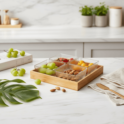 4pc Glass Snack Bowls With Lid On Wooden Tray - 250ml