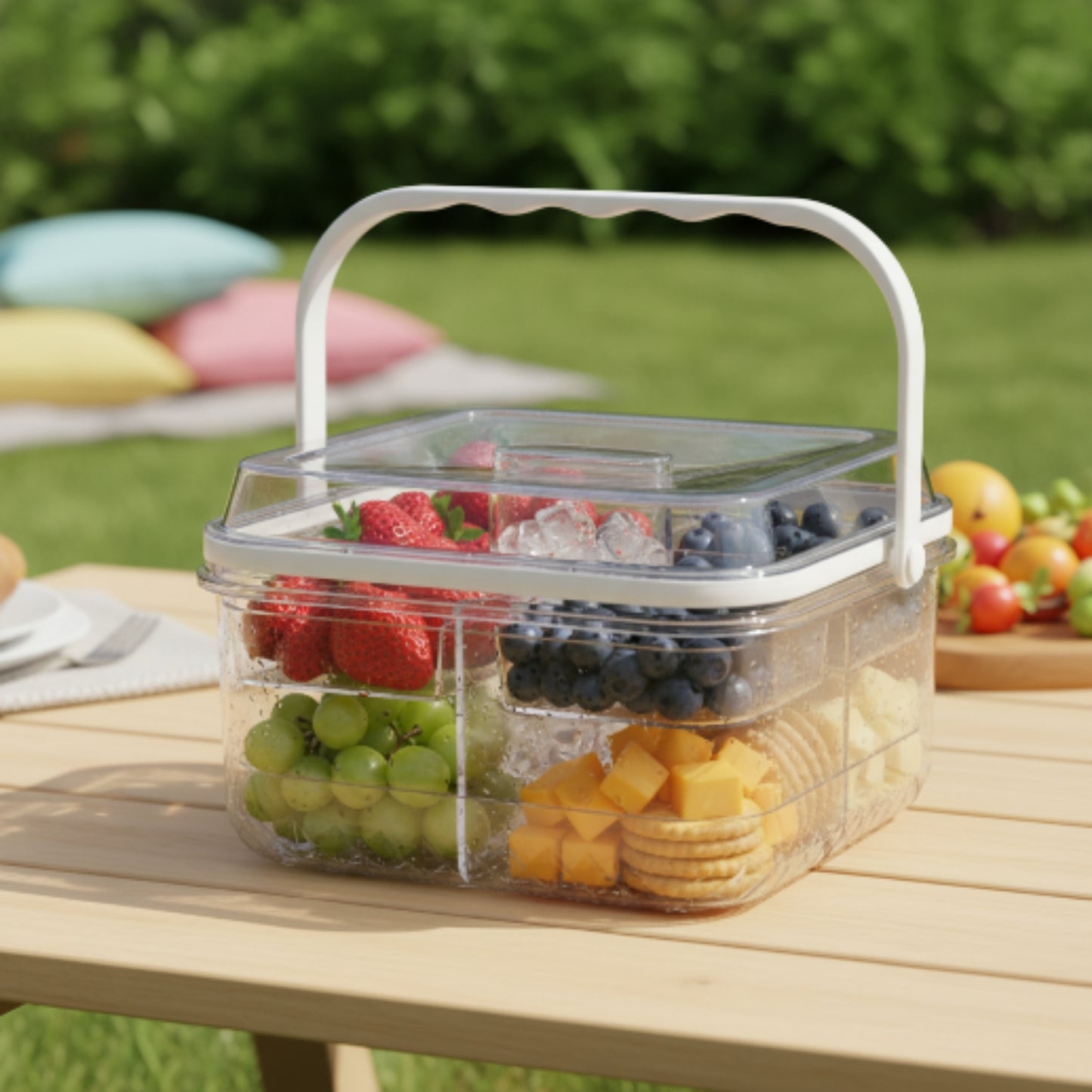 5 Compartment Square Acrylic Snack Box with Ice Column Lifestyle