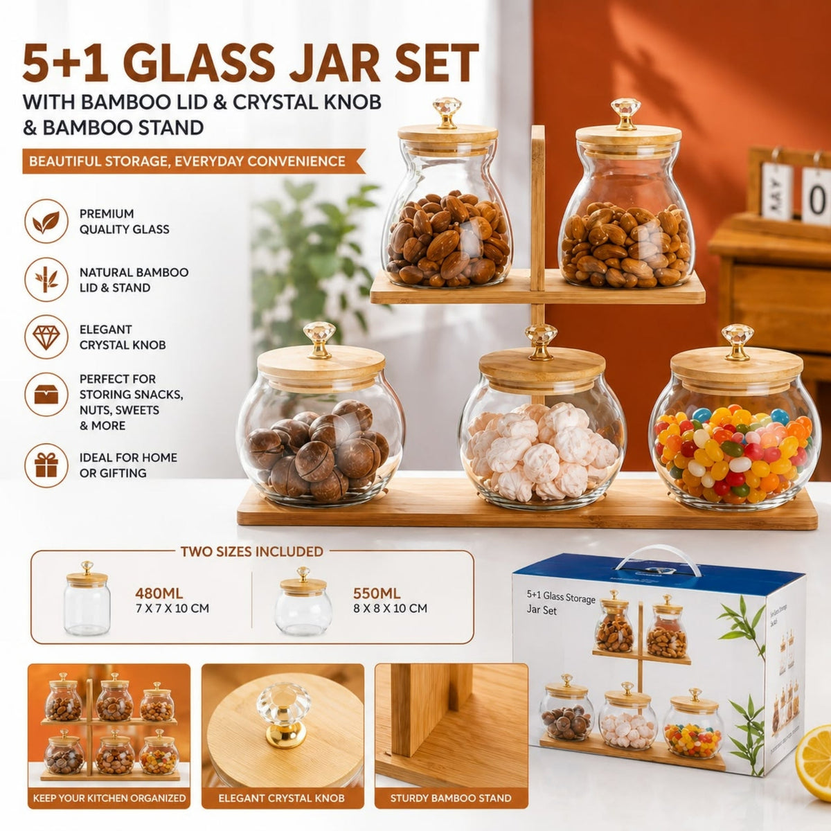 5 Piece Glass Jar Set – Crystal Knob Lids With Stand