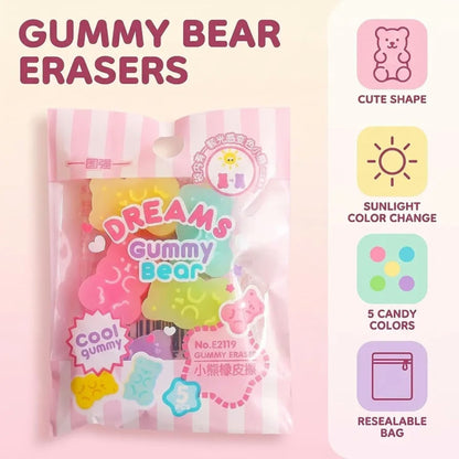 5 Piece Mini Gummy Bear Eraser Set – Cute Novelty Stationery Erasers – Gummy Bear Design