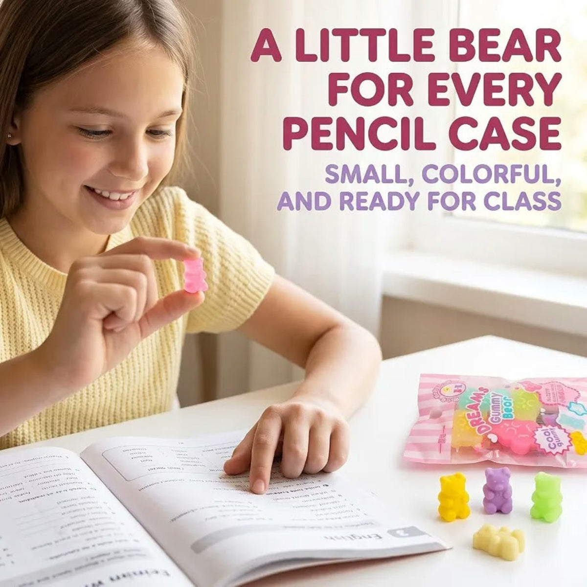 5 Piece Mini Gummy Bear Eraser Set – Cute Novelty Stationery Erasers – Gummy Bear Design