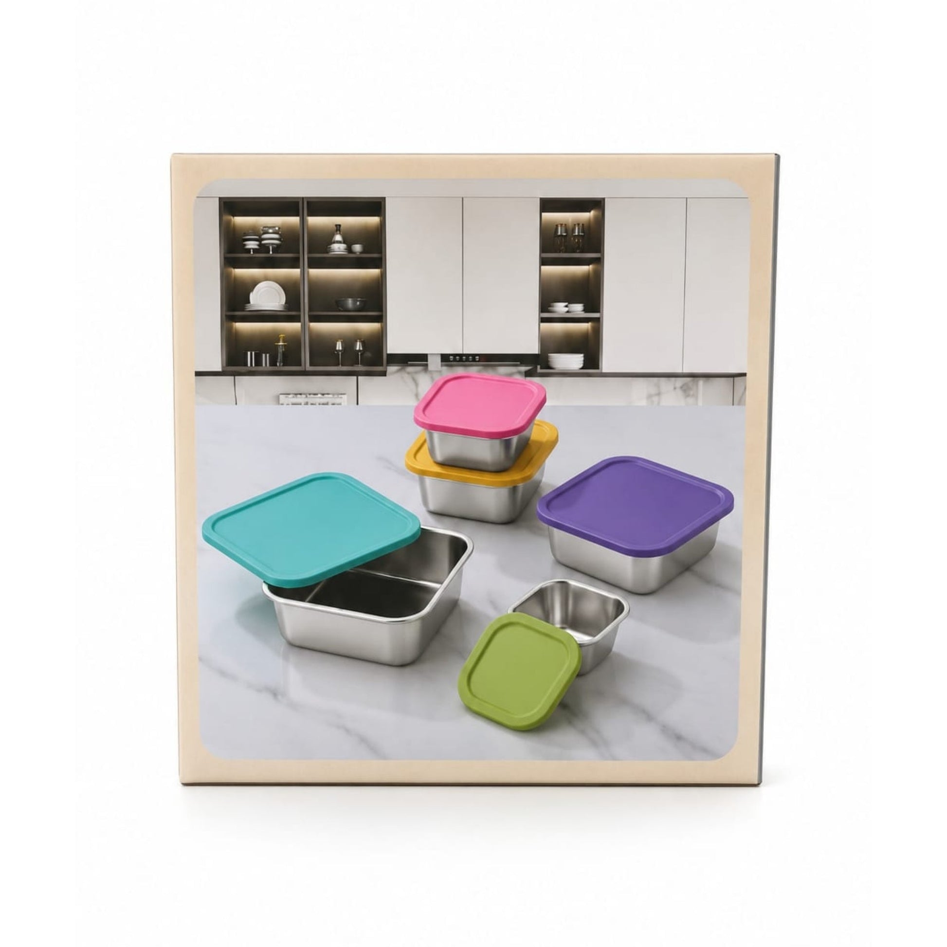 5-Piece Stainless Steel Square Bowl Set with Airtight Colourful Lids – Nesting Food Storage Containers - Silver