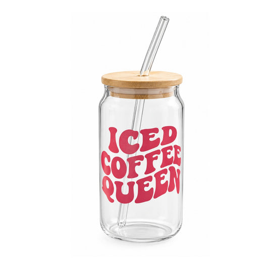 500ml Iced Coffee Queen Bamboo Glass Can – Glass Tumbler with Bamboo Lid & Straw
