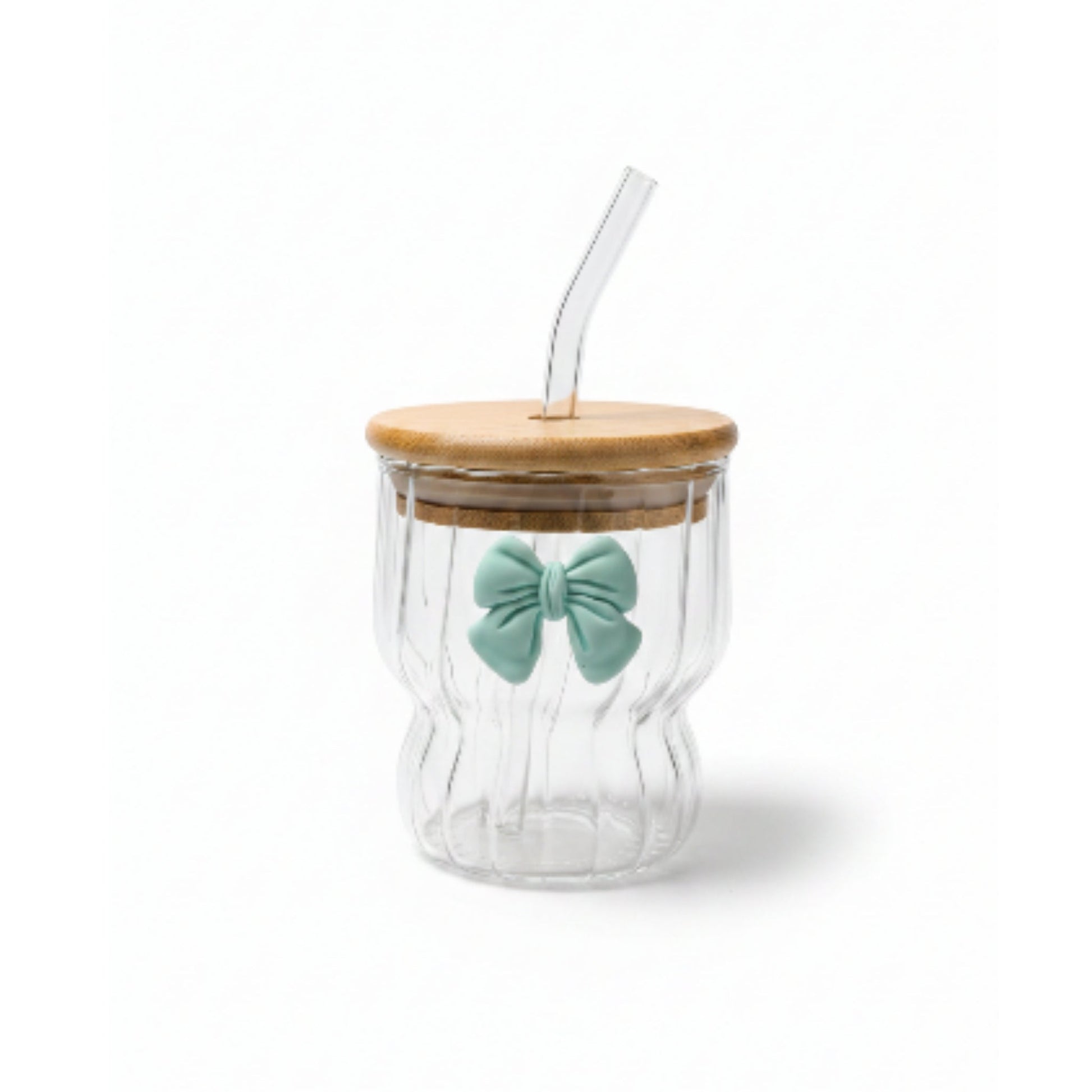 500ml Wavy Glass Tumbler with Bamboo Lid, Straw & Bow