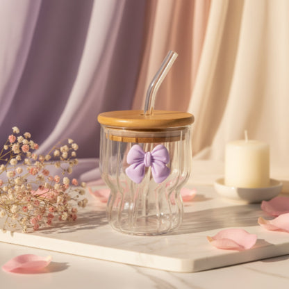 500ml Wavy Glass Tumbler with Bamboo Lid, Straw & Bow