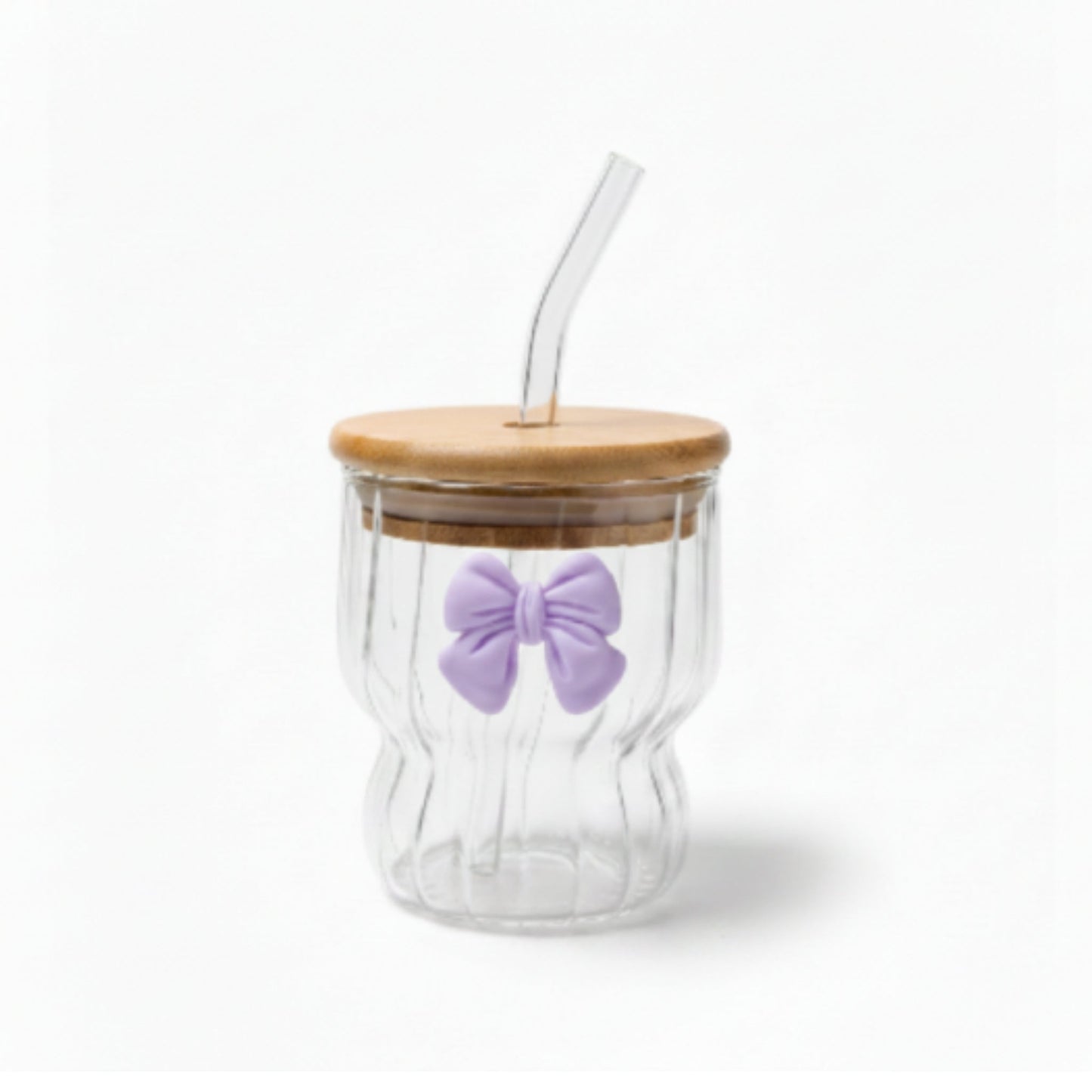 500ml Wavy Glass Tumbler with Bamboo Lid, Straw & Bow