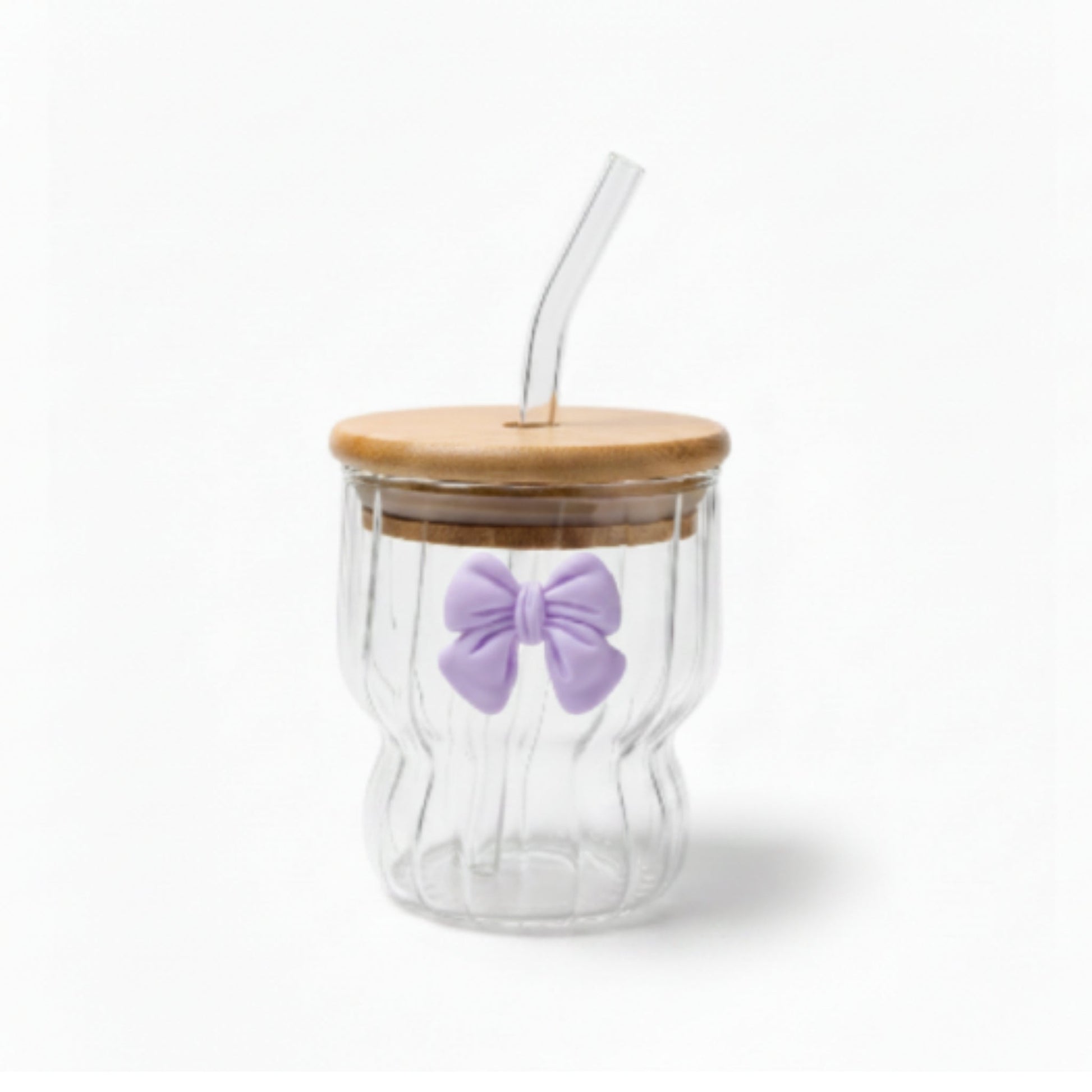 500ml Wavy Glass Tumbler with Bamboo Lid, Straw & Bow