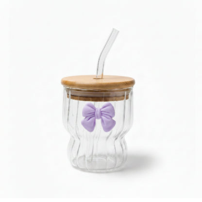 500ml Wavy Glass Tumbler with Bamboo Lid, Straw & Bow