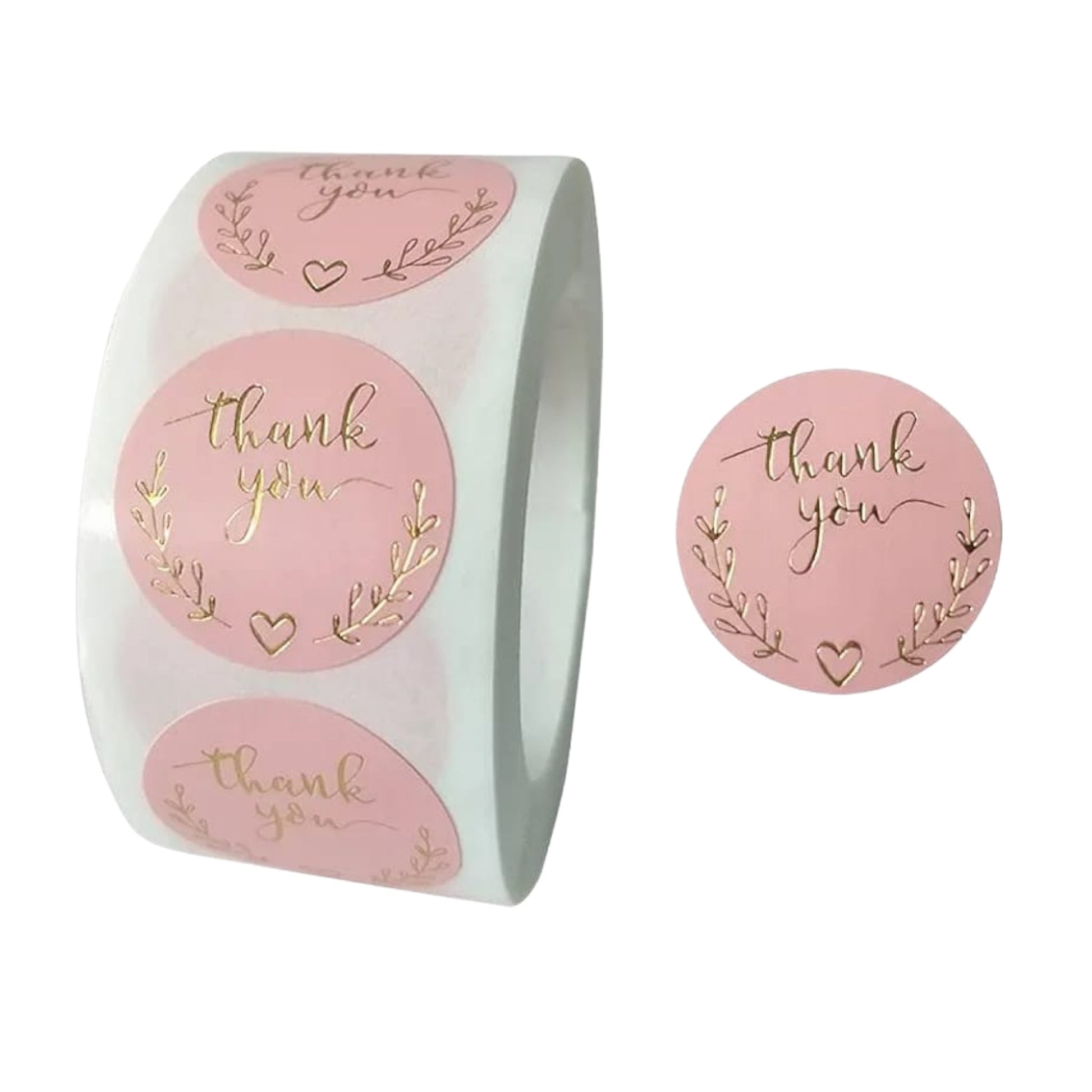 500pc Pink Thank You Stickers with Gold Foil Writing on Roll On White Background