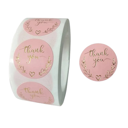 500pc Pink Thank You Stickers with Gold Foil Writing on Roll On White Background