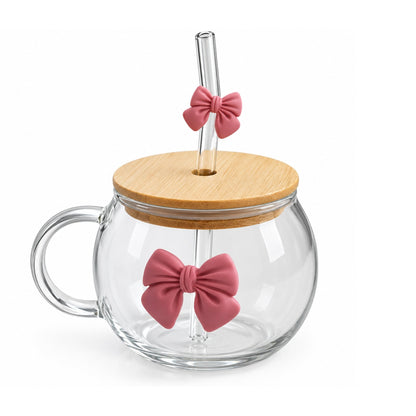 550ml Round Bow Glass Cup With Straw & Handle -Decorative Bow Design