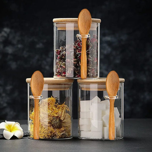 Bamboo Lid Glass Jar with Spoon  8.5x12cm