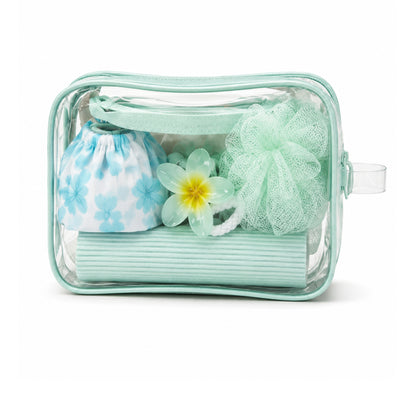 5 Piece Bath & Shower Set – Loofah, Shower Cap, Bag, Toothbrush Holder & Hair Grip for Everyday Bathing & Personal Care Blue On White Background
