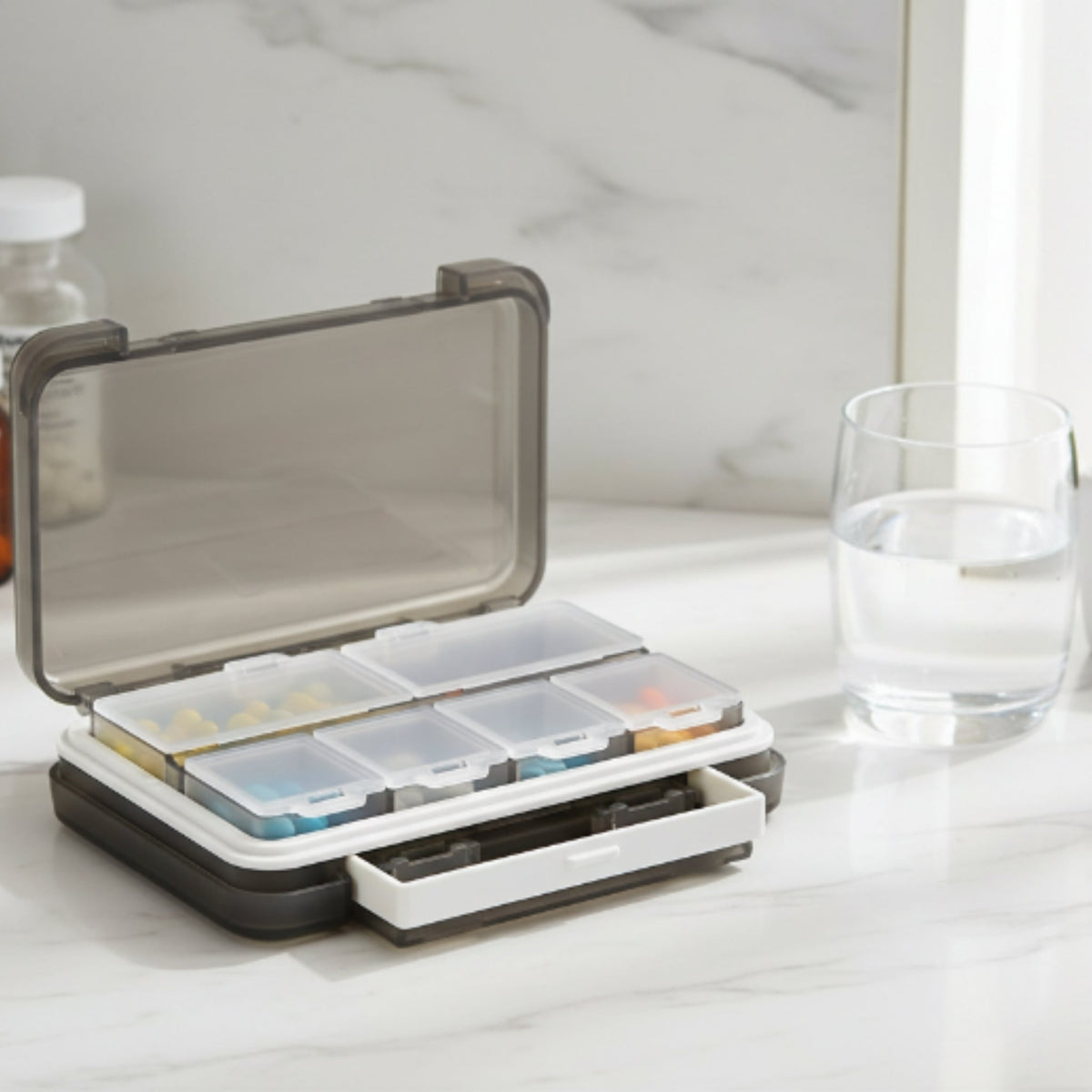 6-Grid Weekly Pill Organizer Medicine Box – Portable Tablet Storage Case – Grey