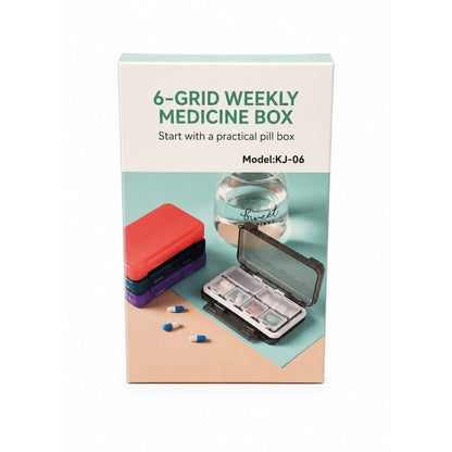 6-Grid Weekly Pill Organizer Medicine Box – Portable Tablet Storage Case – Grey