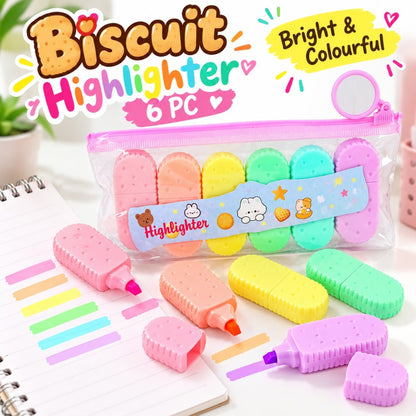 6 Piece Biscuit Highlighter Set – Bright Fluorescent Marker Pens – Cute Biscuit Design