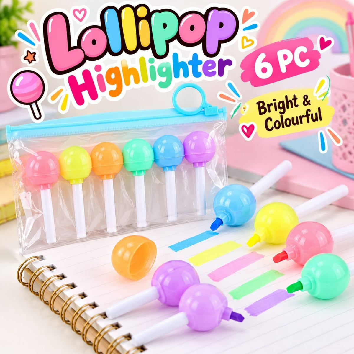6 Piece Lollipop Highlighter Set – Bright Fluorescent Marker Pens – Colourful Lollipop Design