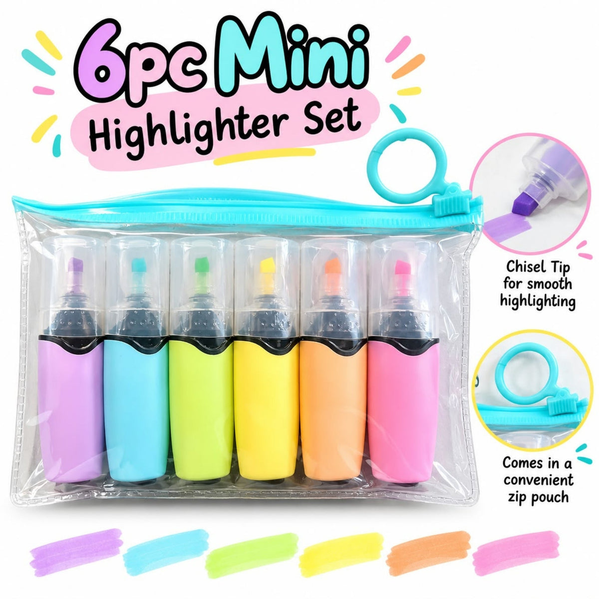 6 Piece Mini Highlighter Set – Novelty Marker Pens