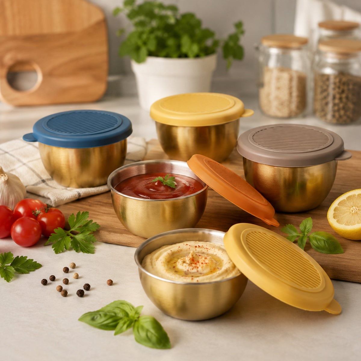 6 Piece Mini Sauce Bowl Set – Stainless Steel Mini Serving Bowls With Lid – Gold
