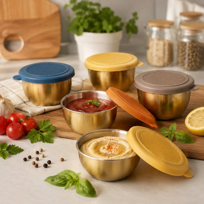 6 Piece Mini Sauce Bowl Set – Stainless Steel Mini Serving Bowls With Lid – Gold