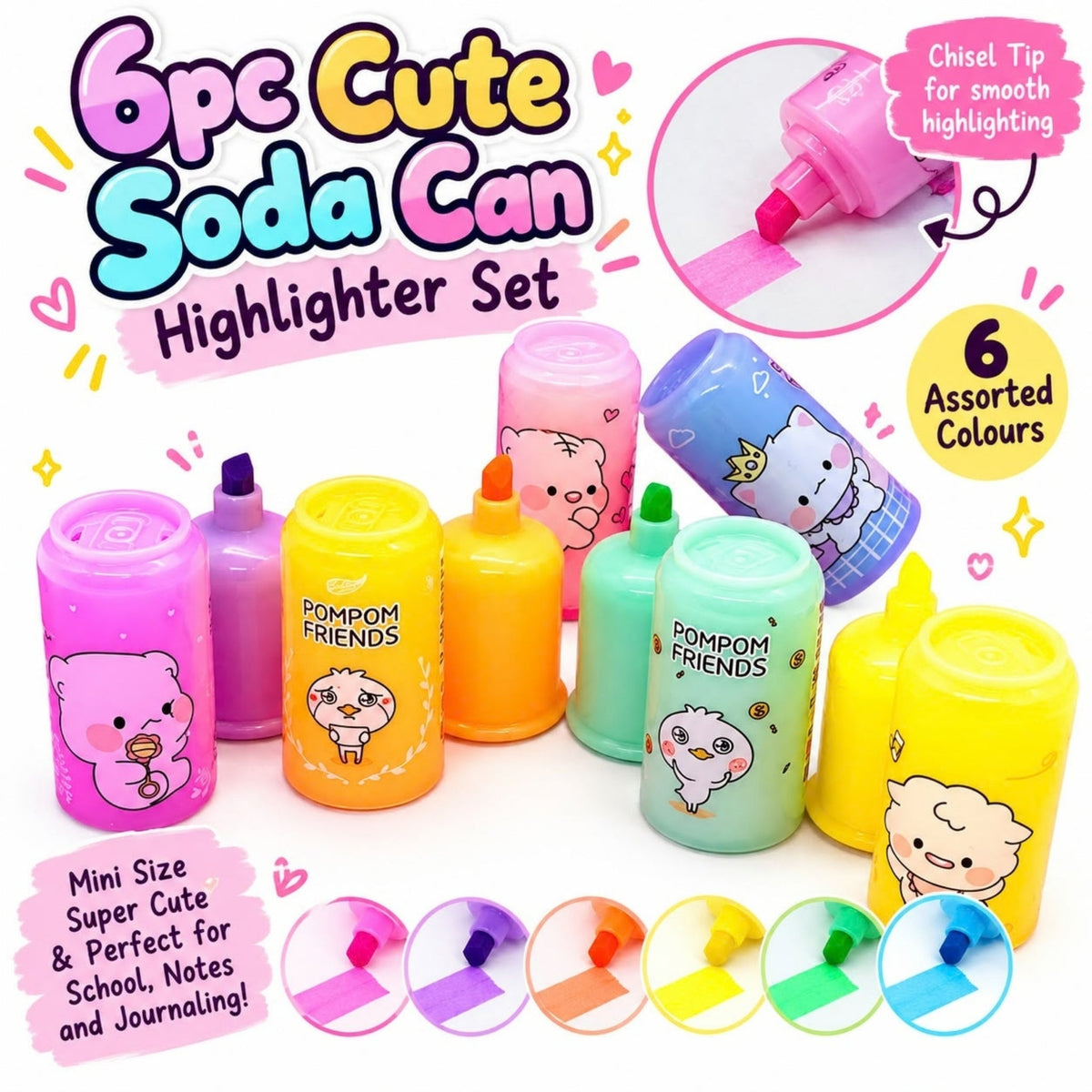 6 Piece Mini Soda Highlighter Set – Novelty Marker Pens