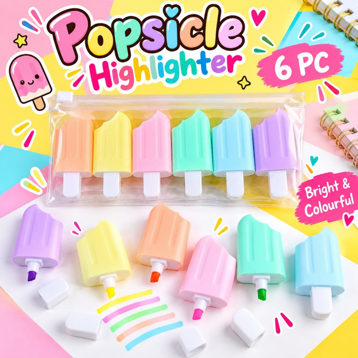 6 Piece Popsicle Highlighter Set – Bright Fluorescent Marker Pens – Colourful Popsicle Design