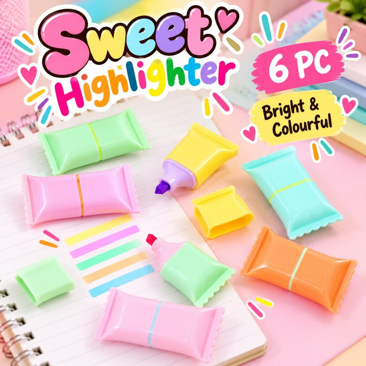 6 Piece Sweet Highlighter Set – Bright Fluorescent Marker Pens – Colourful Candy Design