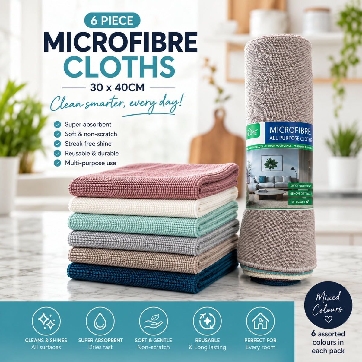 6 Piece Takmehome Microfibre Cloth Set – Soft Reusable Cleaning Cloths