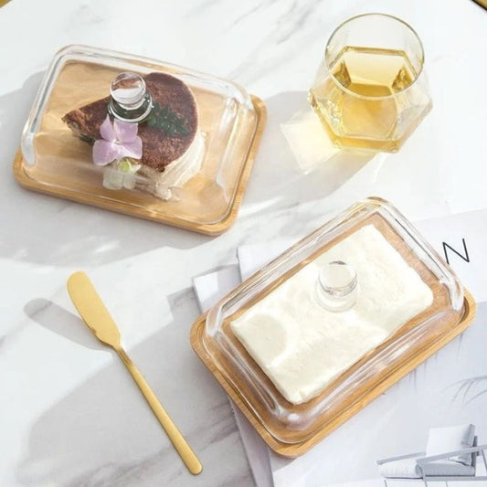 Glass Butter Dish With Wooden Base