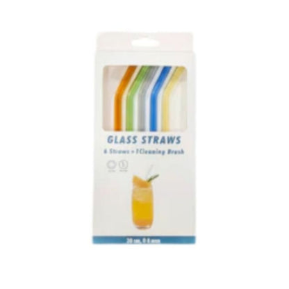 6pc Colourful Glass Straw With Cleaner